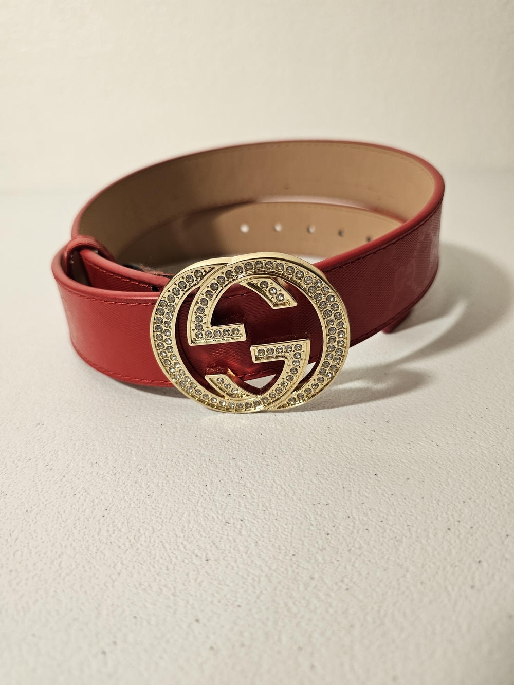 Gucci Red Patent Leather Belt with Gold Crystal GG Buckle